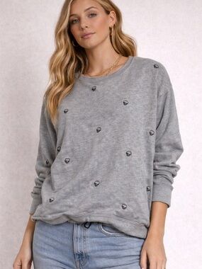 Rachel Zoe Grey Crewneck Sweatshirt with Black Skull Embroidery